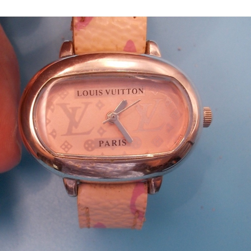 Oval Face Watch Pink Monogram Leather Strap Silver Tone